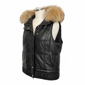 Women's Only Unique Appearance Black Leather Vest Fox Removable Collar Sz XS